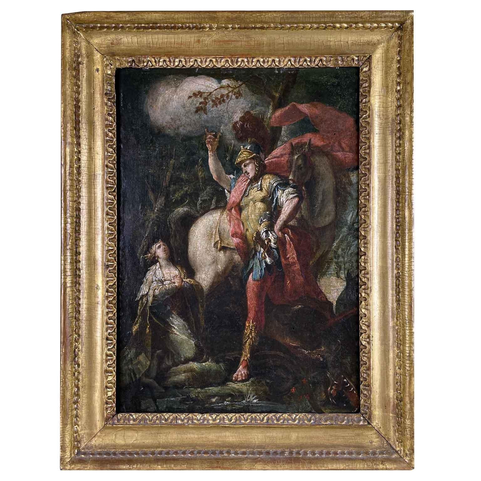 San Giorgio e Il Drago Scuola Italiana Inizi 1700 Dipinto a Olio Su Rovere In Good Condition In Milano, MI