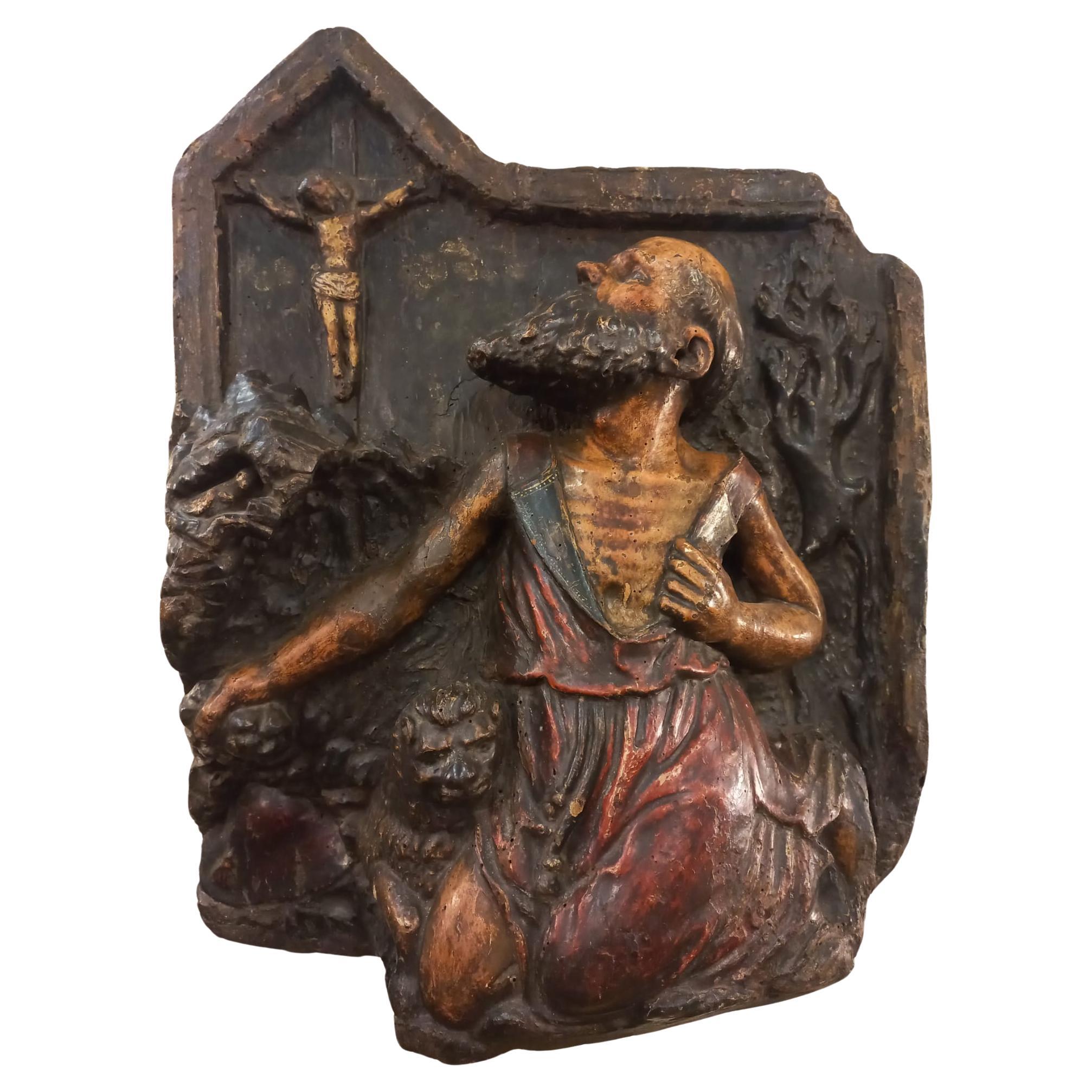 Penitent St. Jerome, high relief in lacquered wood For Sale