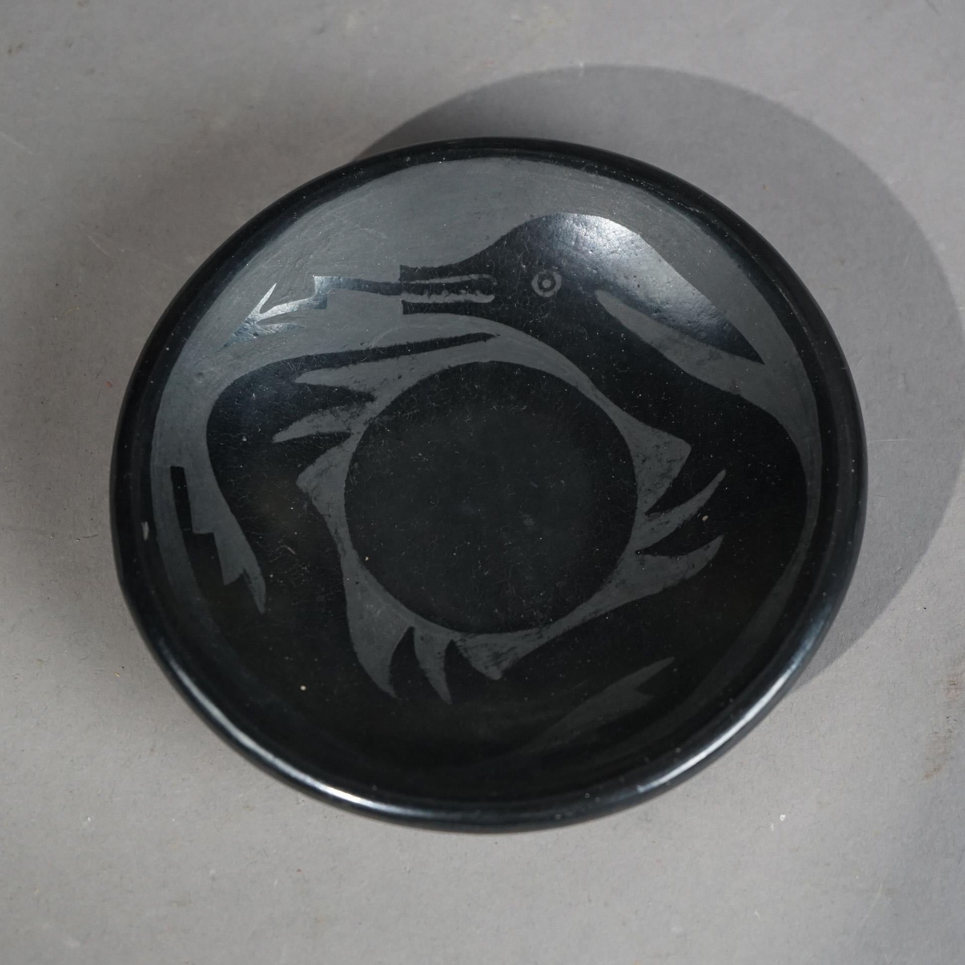 San Ildefonso Black On Black Native American Pottery Small Plate, Signed, C1910 1