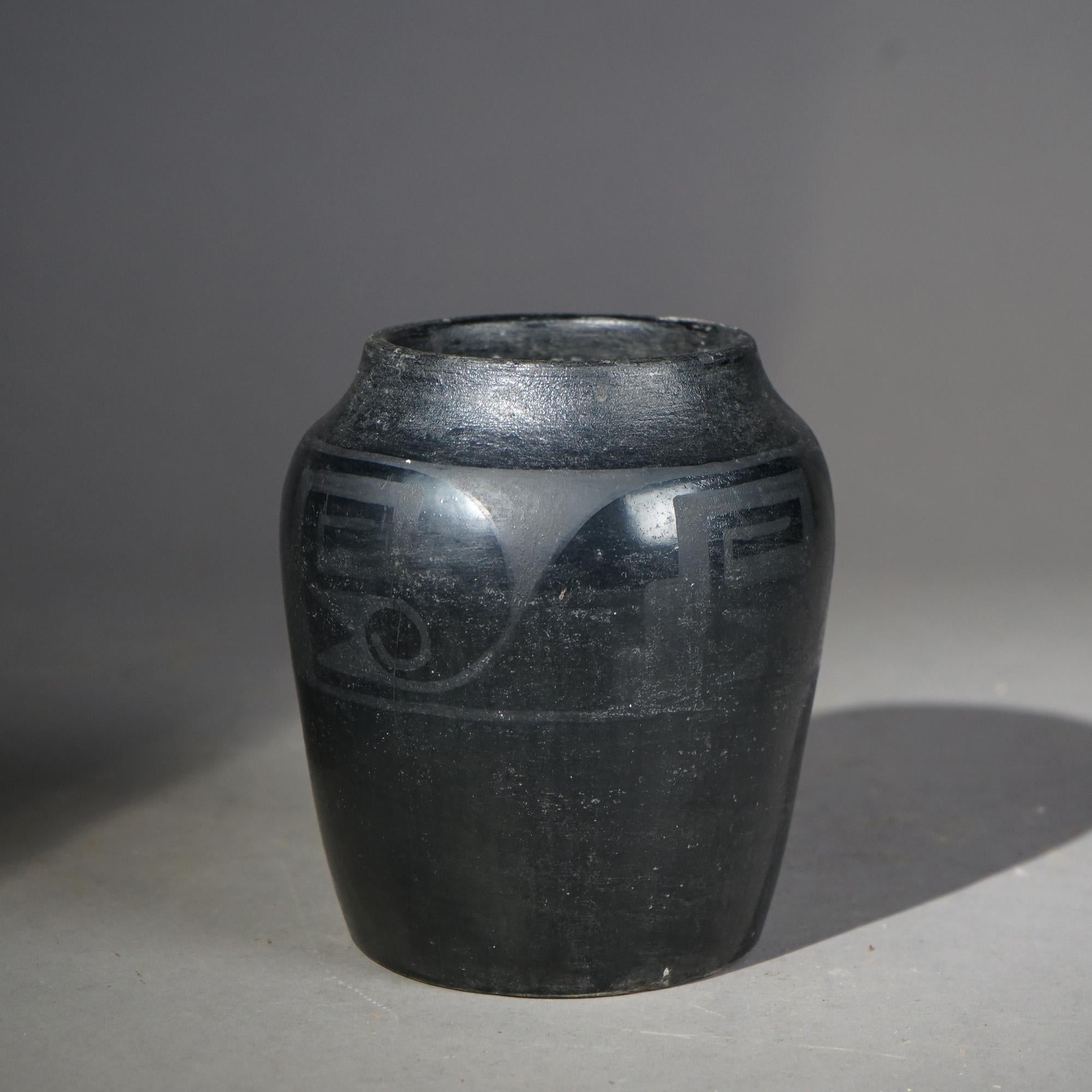 San Ildefonso Black On Black Native American Pottery Vase Signed Mar 1