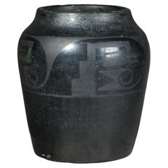San Ildefonso Black On Black Native American Pottery Vase Signed Mar