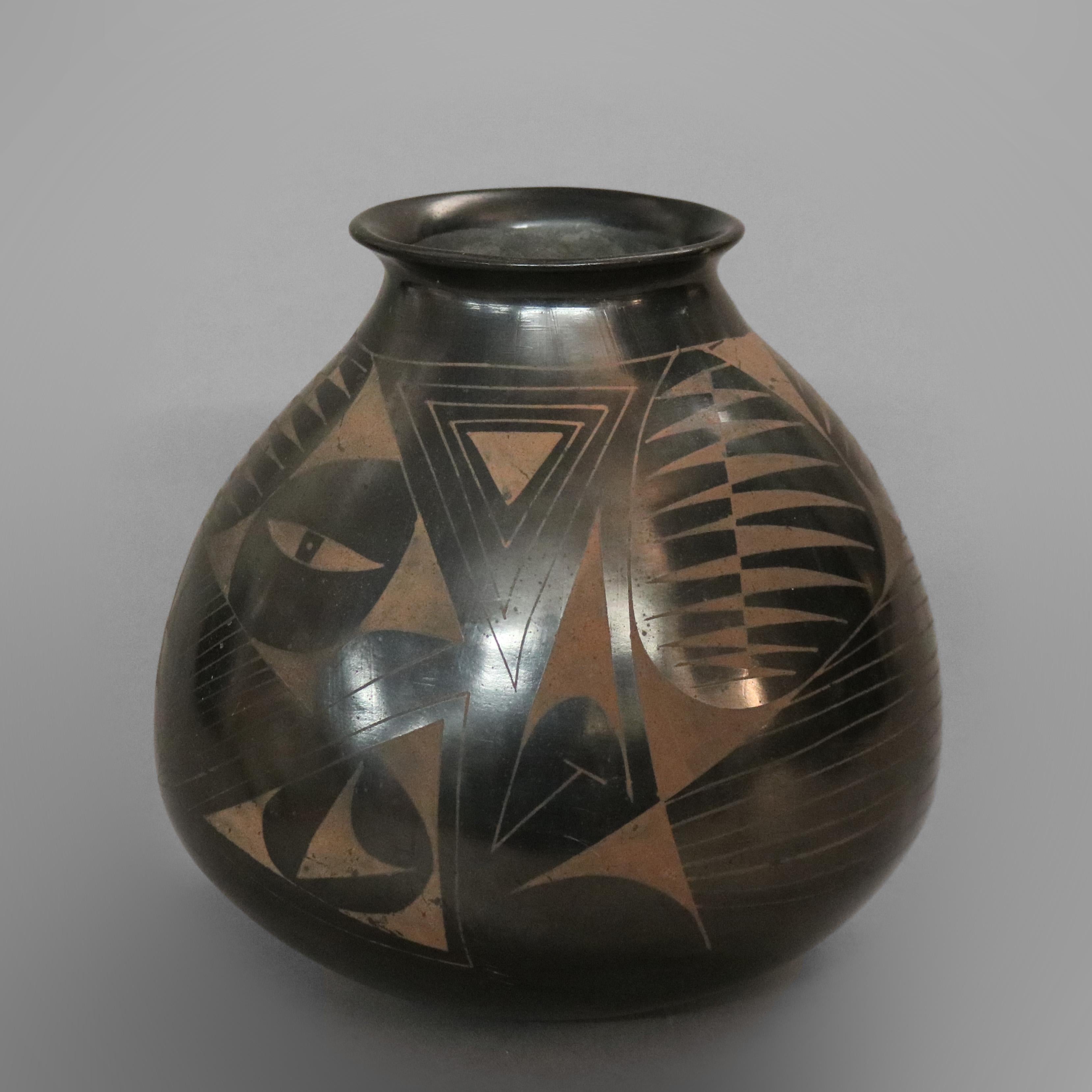 20th Century San Ildefonso Maria School Black On Black Pottery Vase, Signed Juan L’été