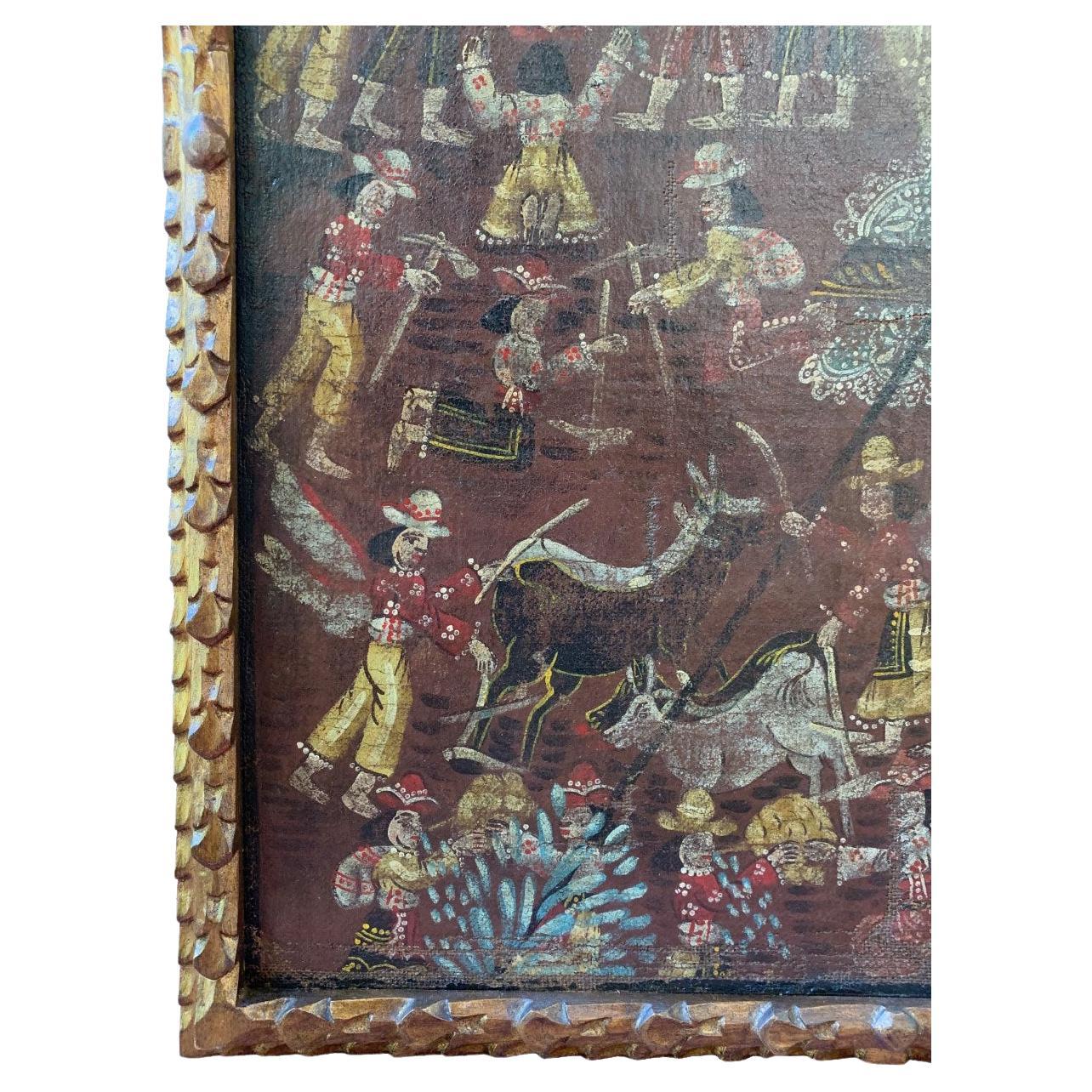 Wir präsentieren ein seltenes und fesselndes Gemälde der peruanischen Cusco-Schule aus der Mitte des 19. Jahrhunderts, das die geliebte Figur des San Isidoro, des Schutzheiligen der Bauern und Arbeiter, darstellt. Dieses exquisite Öl auf Leinwand