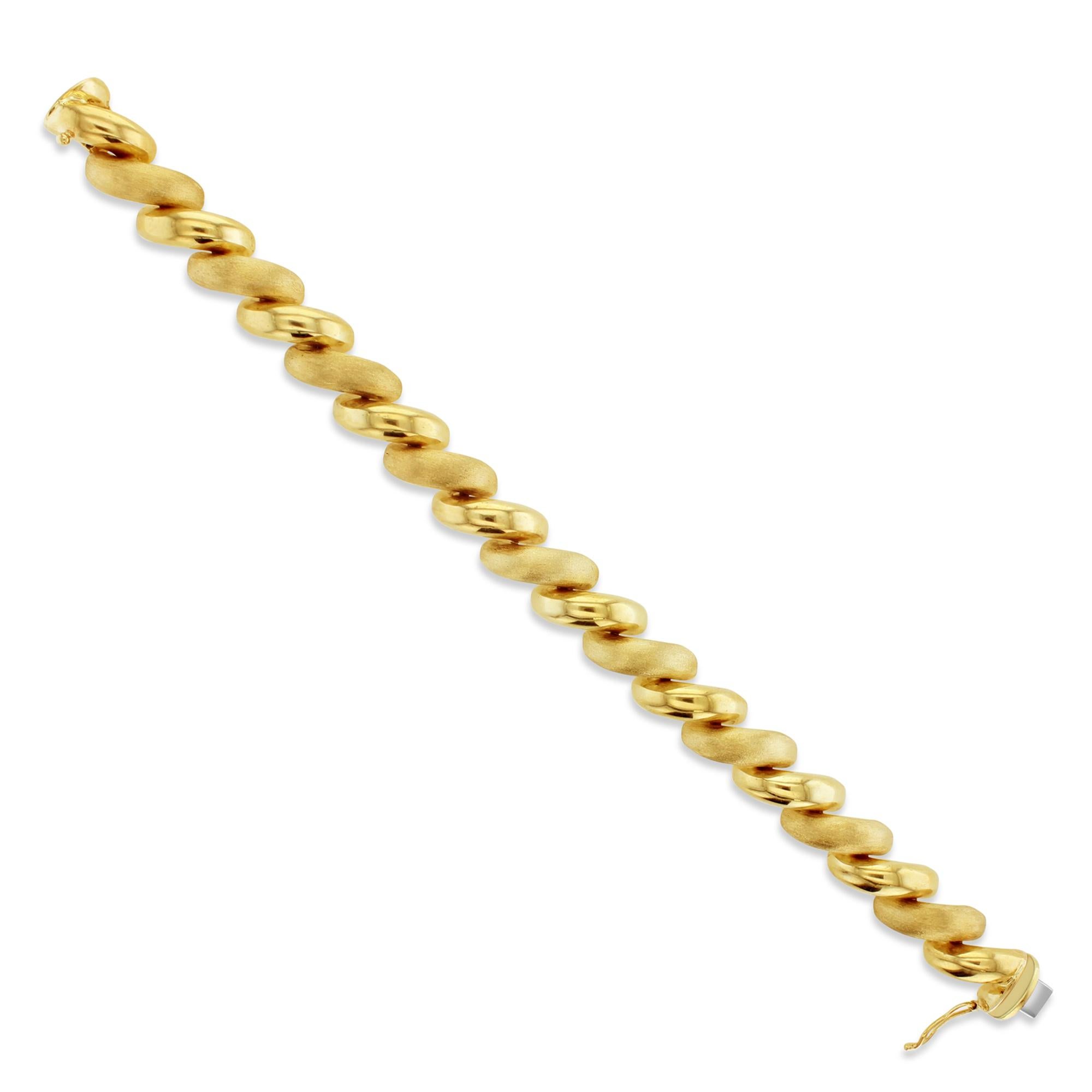 Women's or Men's San Marco Gold Link Chain Bracelet with Mixed Finish 14k Yellow Gold For Sale