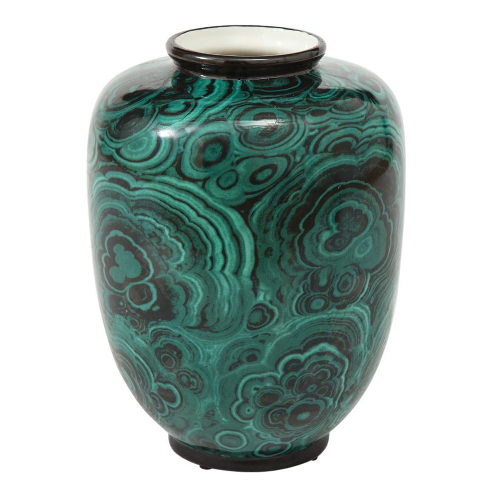 Mid-Century Modern San Marco Vase, Porcelain, Faux Malachite, Green, Black, Signed