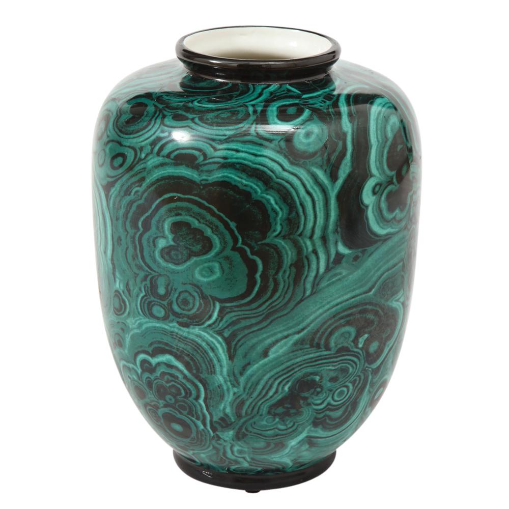 San Marco faux malachite vase, porcelain, green and black, signed. Chunky medium scale vase decorated with an intricate pattern of a malachite mineral. The lip and base are glazed in black and the interior is white. Stamped on underside: 