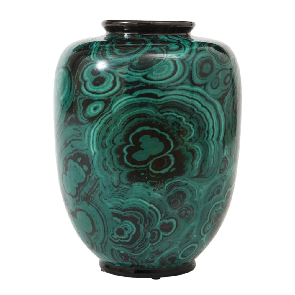 Glazed San Marco Vase, Porcelain, Faux Malachite, Green, Black, Signed