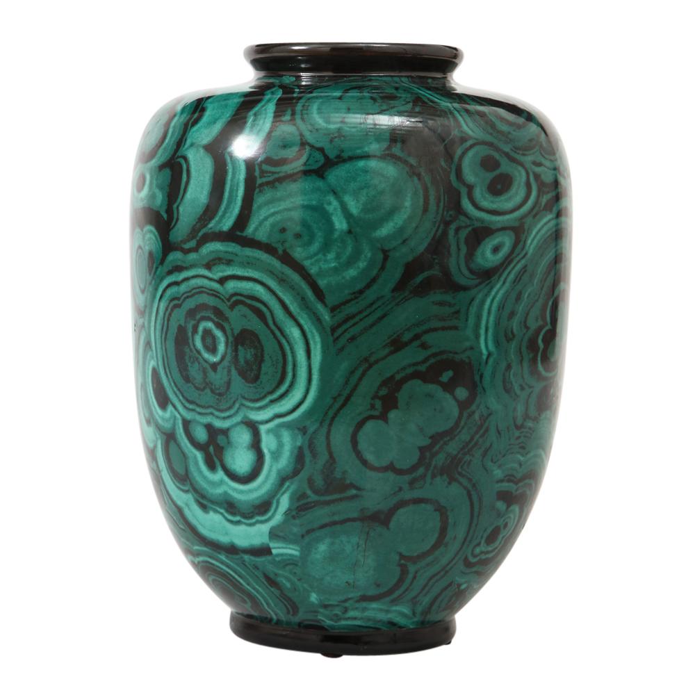 Italian San Marco Vase, Porcelain, Faux Malachite, Green, Black, Signed