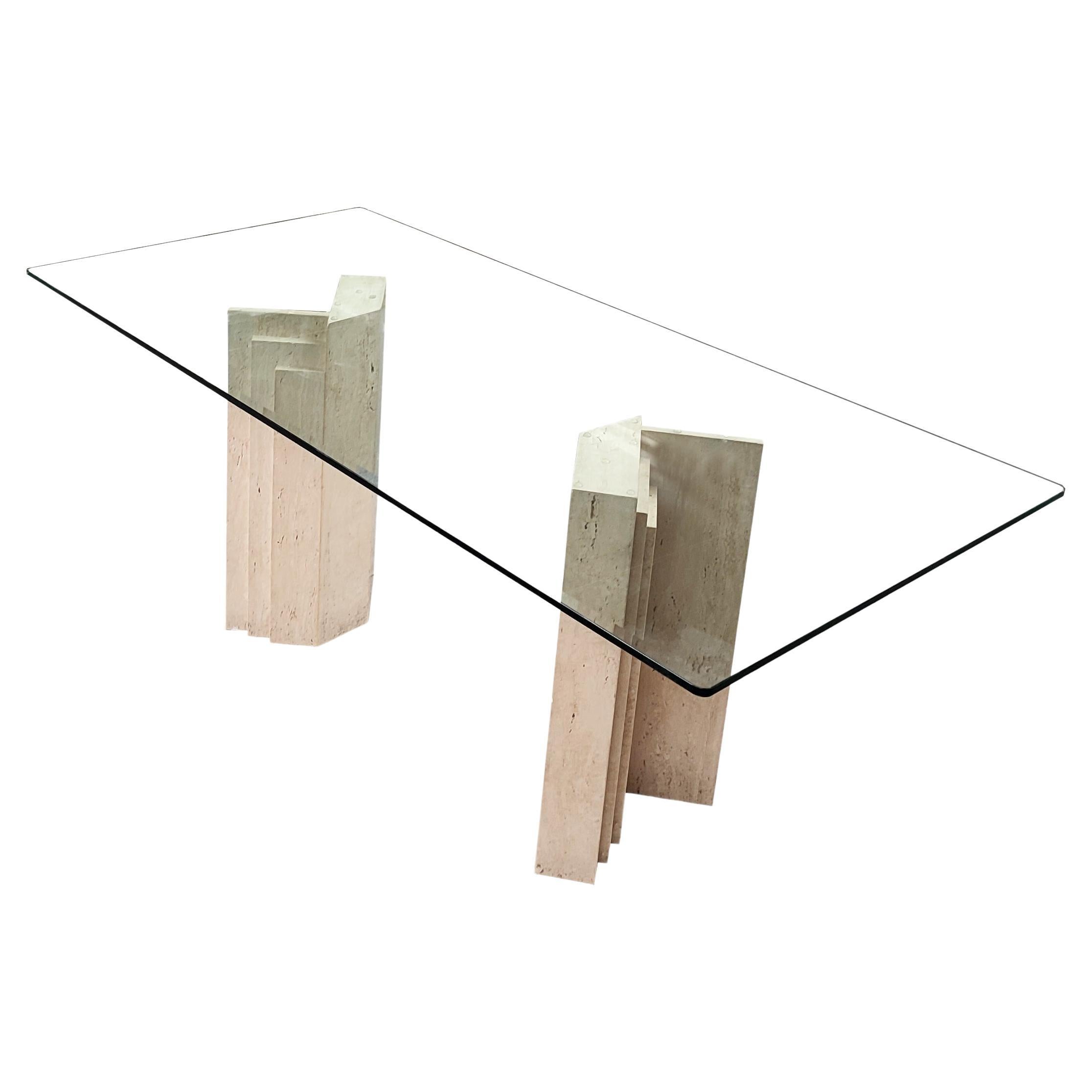 SAN Midcentury 70s Italian Travertine Marble Dining Table Original Furniture