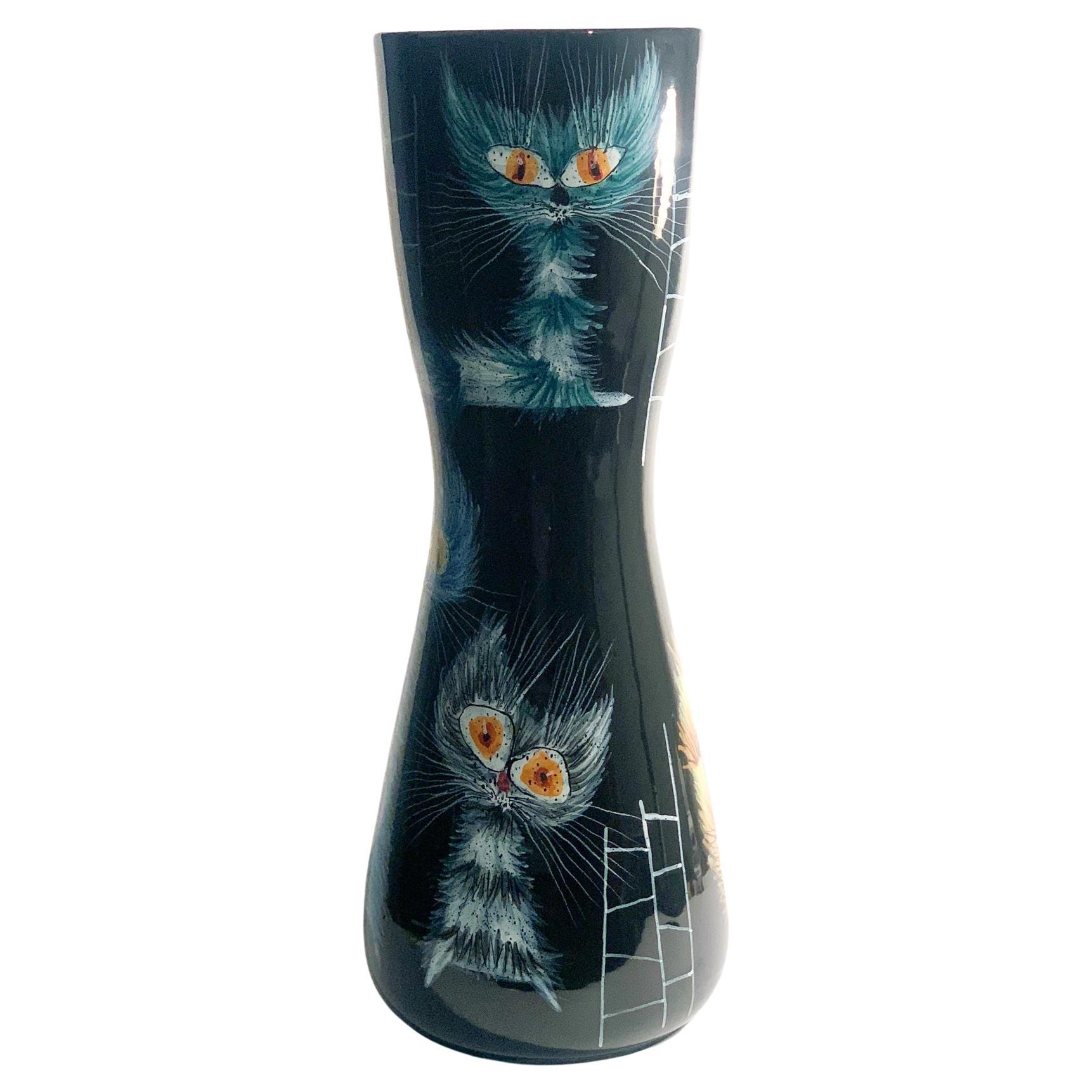 San Polo Ceramic Vase Hand Painted with Cats by Otello Rosa from the 1950s