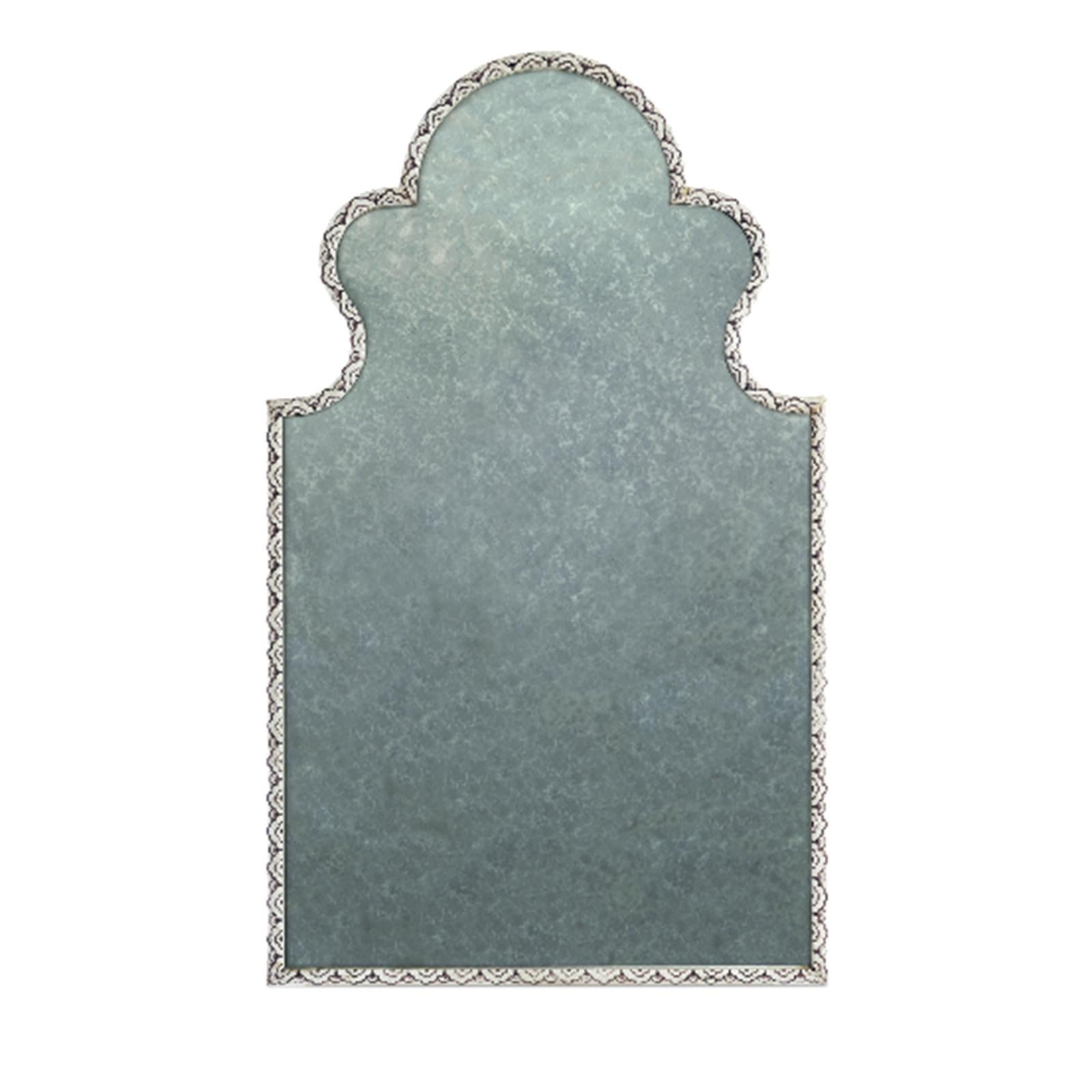 Inspired by the Venetian windows that bear the trademark of Palladio's work, this perfectly symmetric mirror has wooden frame with an arched top and scalloped edges. The eye-catching silhouette is enhanced by the white finish that is hand decorated