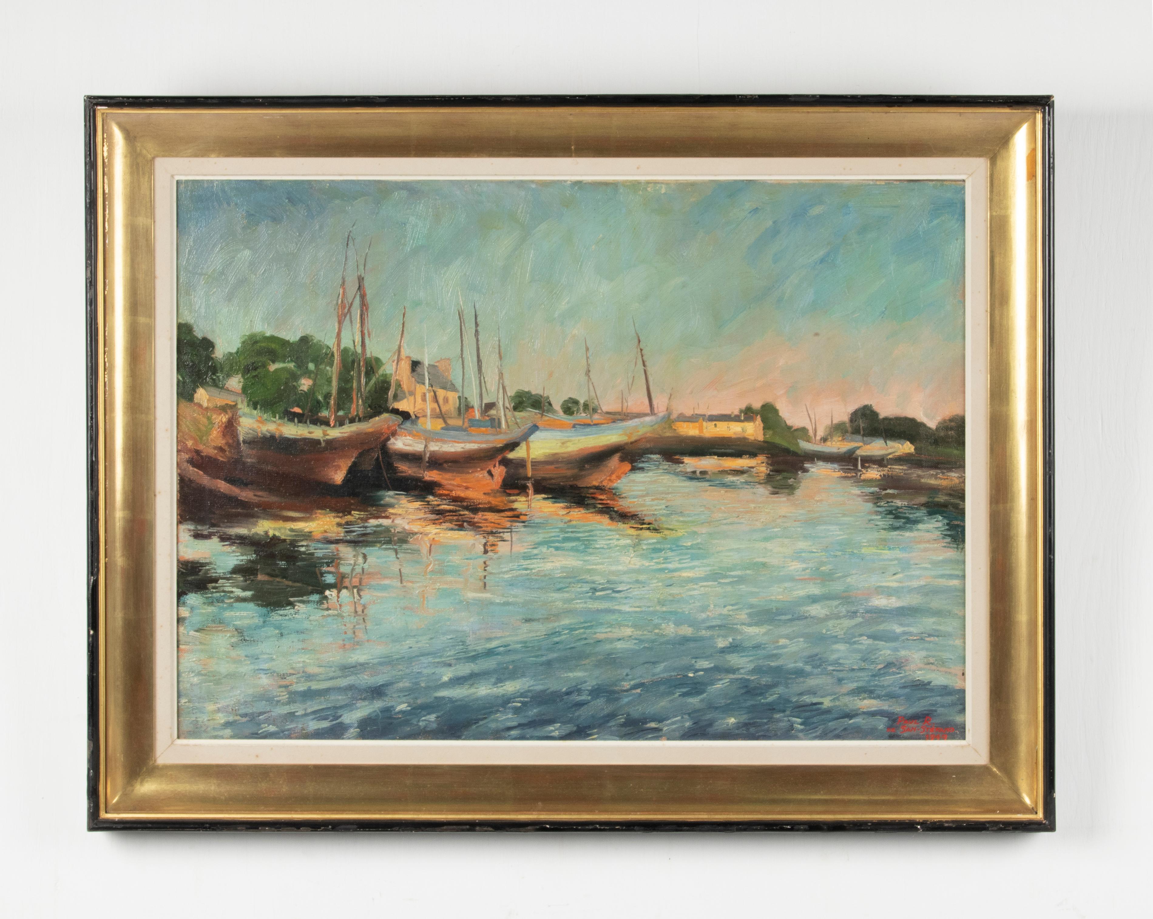 Mid-Century Modern San-Stefano Paul Ro de, Oil Painting Boats Concarneau Bretagne For Sale