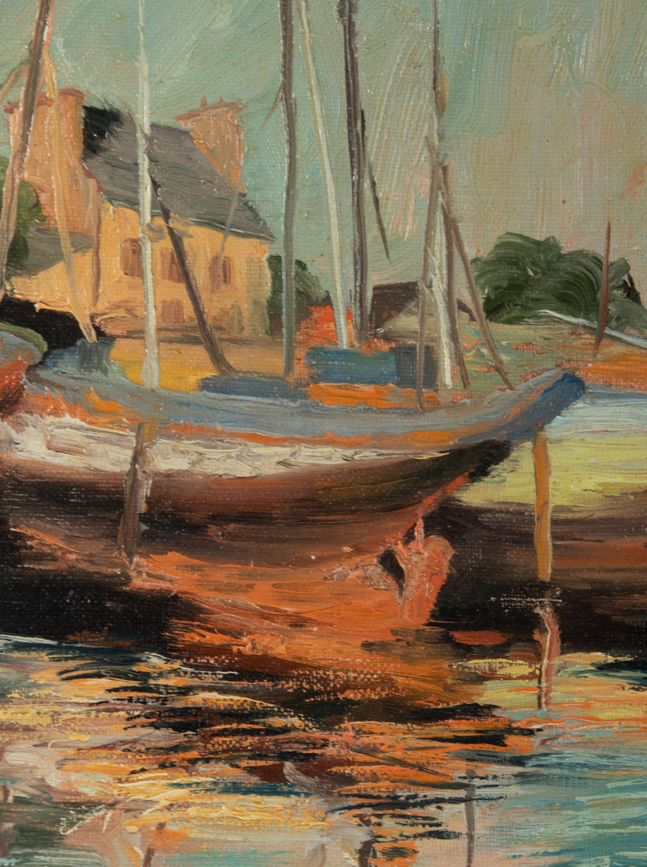 Hand-Painted San-Stefano Paul Ro de, Oil Painting Boats Concarneau Bretagne For Sale