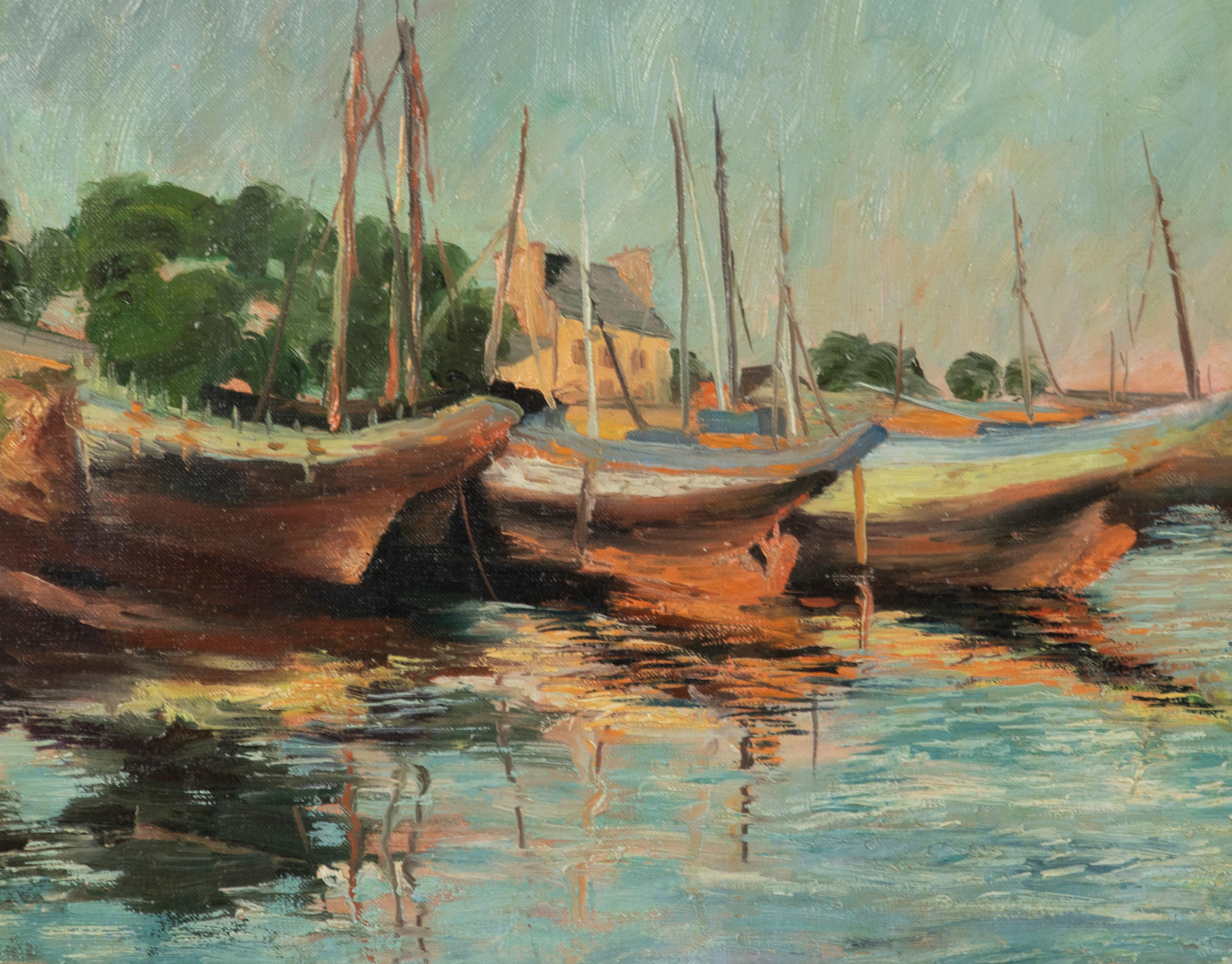 20th Century San-Stefano Paul Ro de, Oil Painting Boats Concarneau Bretagne For Sale