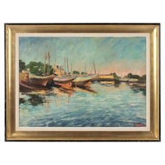 Vintage San-Stefano Paul Ro de, Oil Painting Boats Concarneau Bretagne