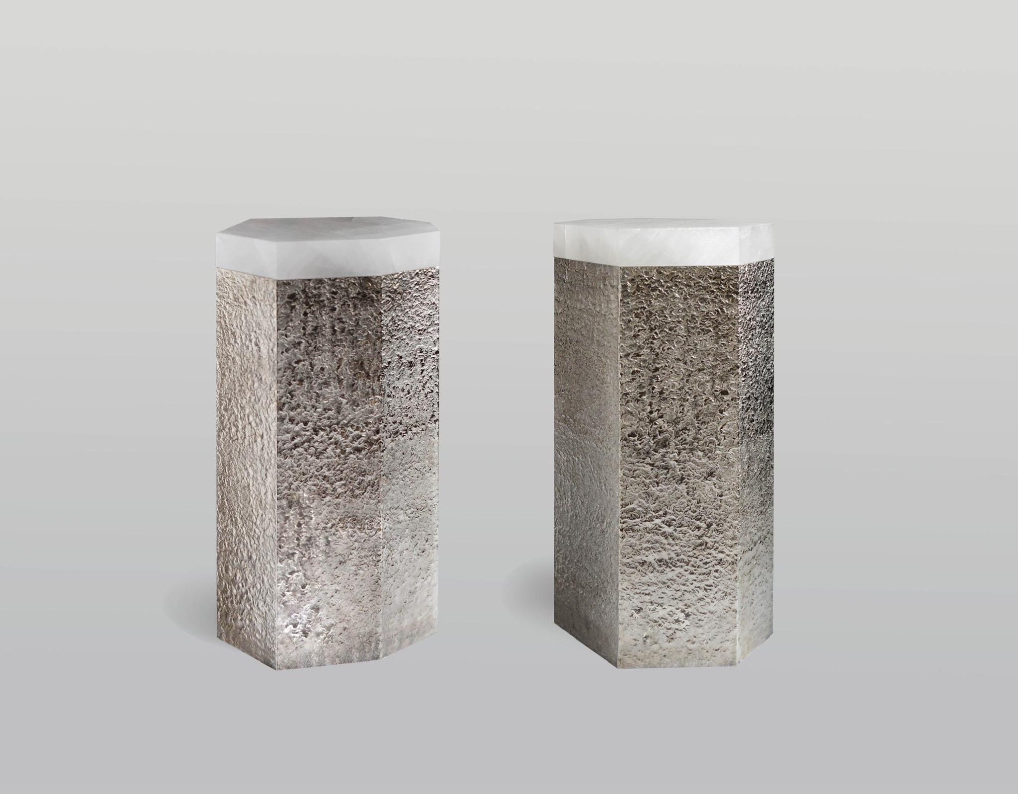 Pair of Seven angles rock crystal side tables with hammered nickel plating bases. Created by Phoenix Gallery. 
Custom size upon request.