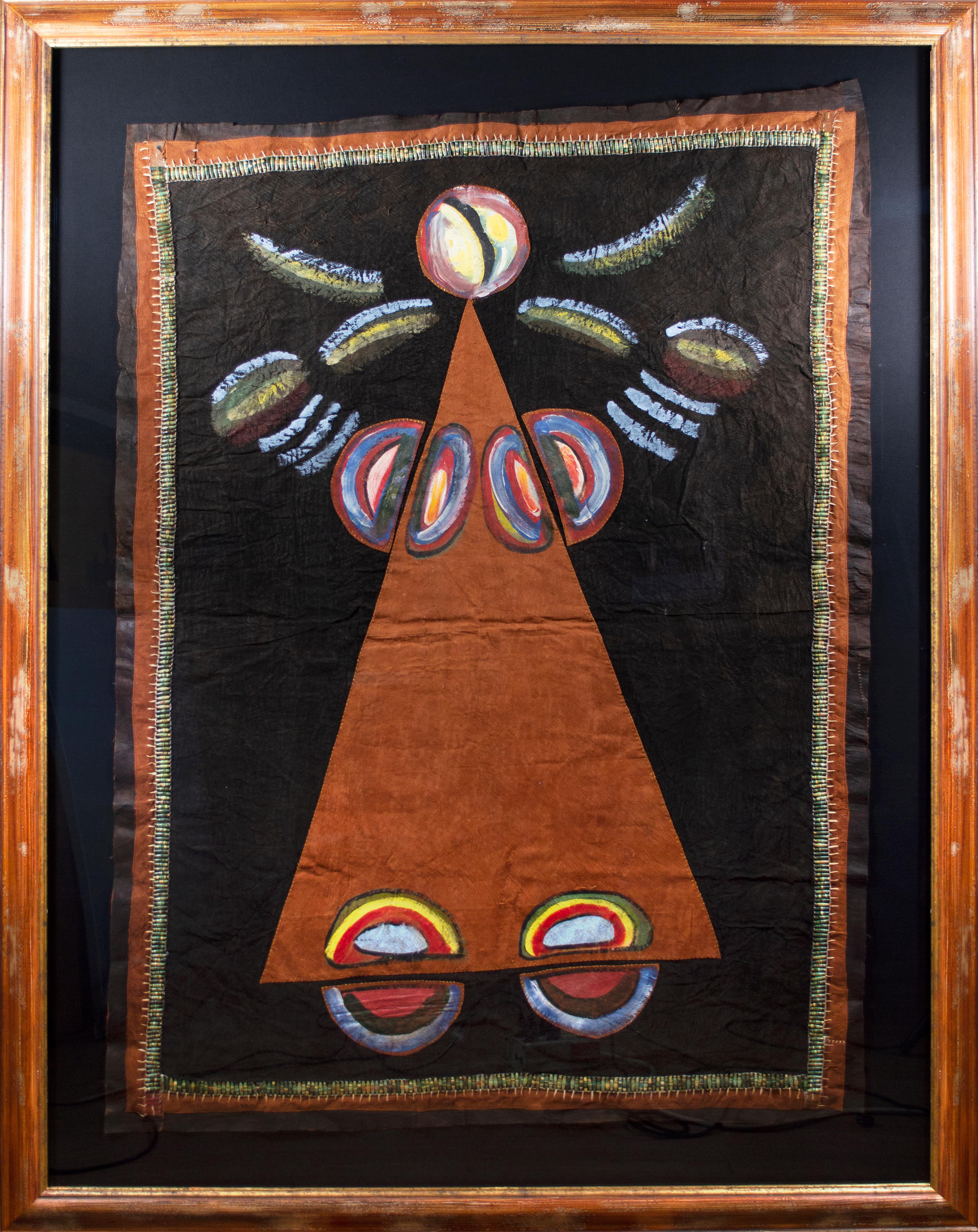 "Back Into the Future" is a fine example of the mid-career work of Ugandan artist Sanaa Gateja. It comes from a period in his work in the early 2000s where he was working primarily in geometric forms on a barkcloth support. The artist employs