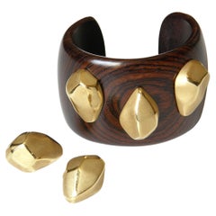 Vintage Sanalitro 18k Gold and Wood Cuff Bracelet and Clip on Earrings Set Made in Italy