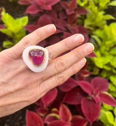 Sanalitro Herzförmiger Cocktail-Ring aus weißem Achat mit Rubellit