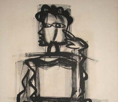 Seated, Etching on paper, Black & White by Modern Indian Artist "In Stock"