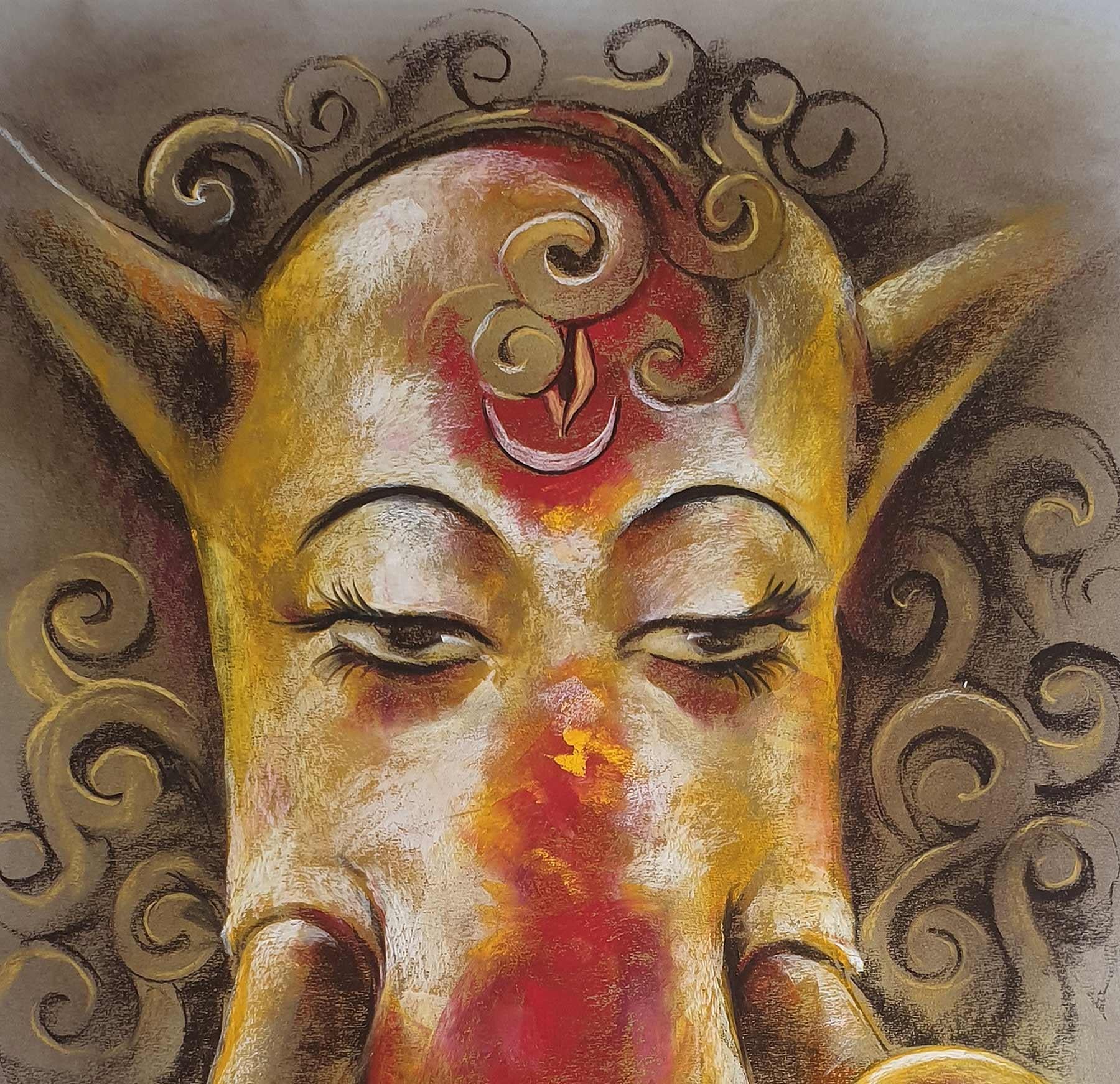 Ganesha, God, Conte & Pastel on Paper, Red, Yellow by Indian Artist 