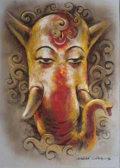 Ganesha, God, Conte & Pastel on Paper, Red, Yellow by Indian Artist "In Stock"