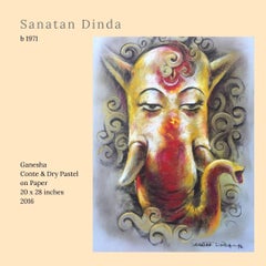 Ganesh, dieu, Conte & Pastel sur papier, rouge, jaune par l'artiste indien « En stock »