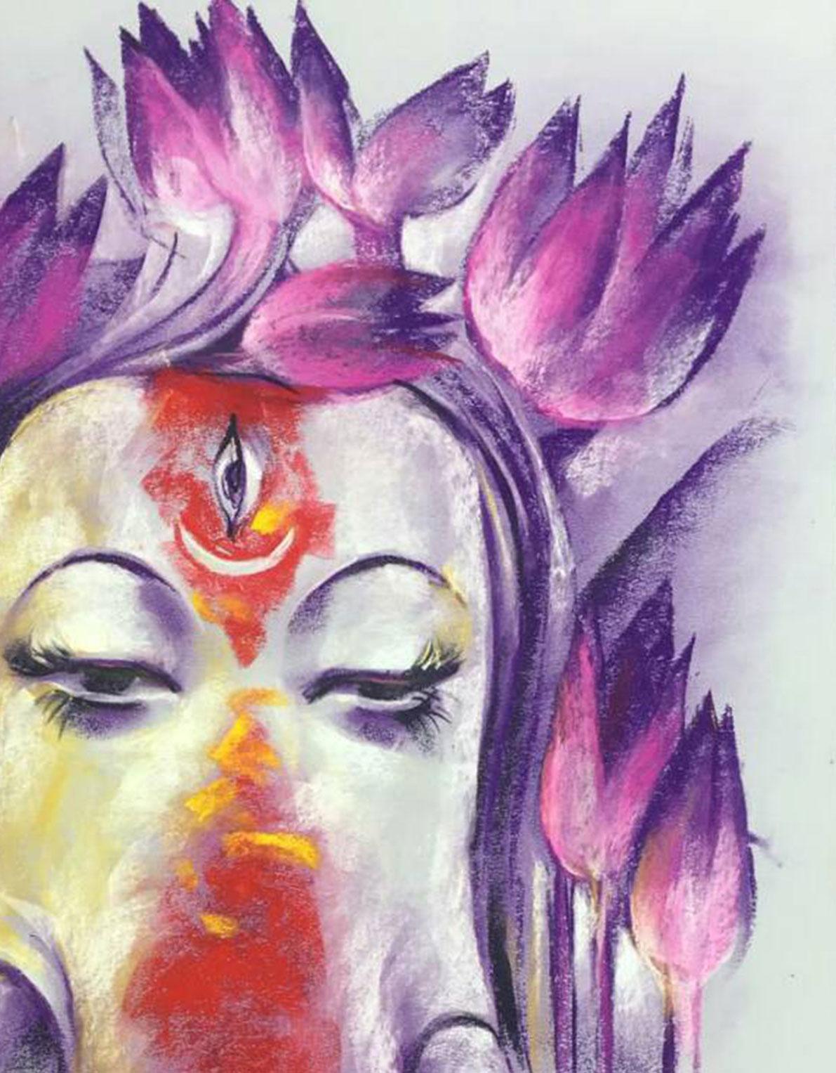 Ganesha, Indian God, Pastel on Paper, Mauve Pink, Red by Indian Artist