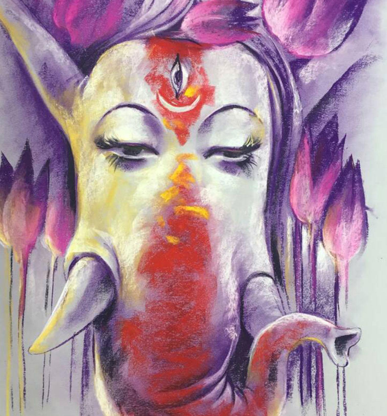 Ganesh, dieu indien, pastel sur papier, rose mauve, rouge de l'artiste indien « En stock » - Violet Figurative Painting par Sanatan Dinda