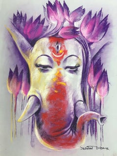 Ganesha, Indian God, Pastel on Paper, Mauve Pink, Red by Indian Artist"In Stock"