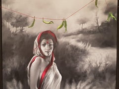 DAMA 01, India, Sari Rojo, Blanco, Pintura Acrílica por Artista India "En Stock"