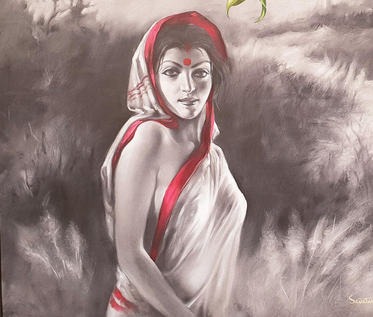 LADY 01, Indian, Red, White Sari, Acrylic Painting by Indian Artist 
