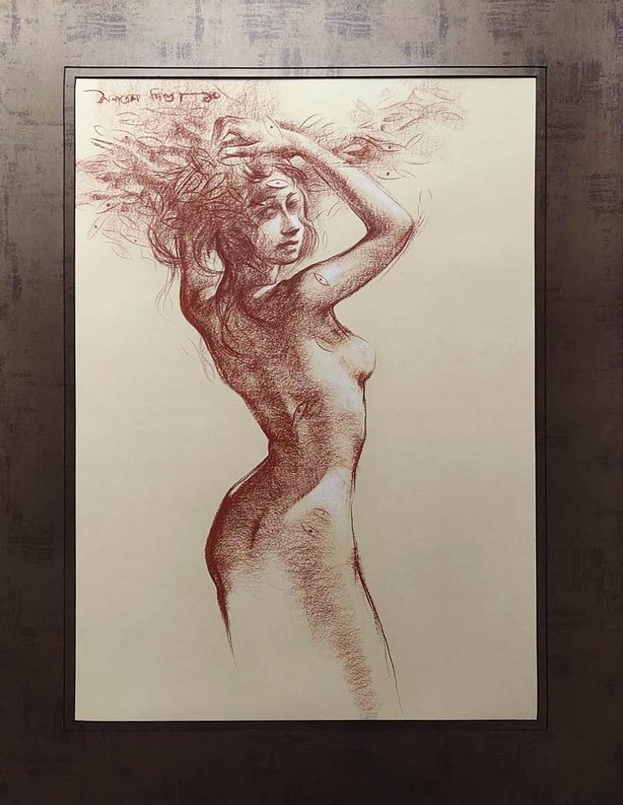 Nu, figuratif, pastel sur papier de l'artiste indien contemporain « en stock »