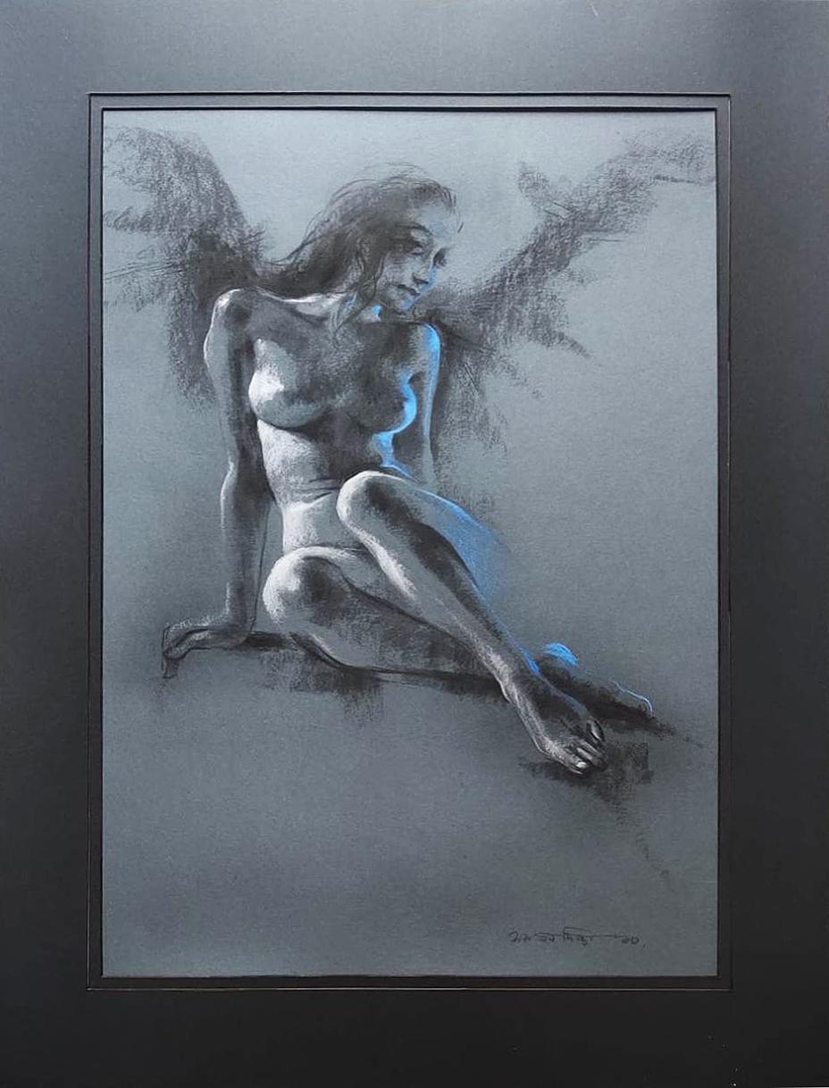 Nu, figuratif, pastel sur papier de l'artiste indien contemporain « en stock »