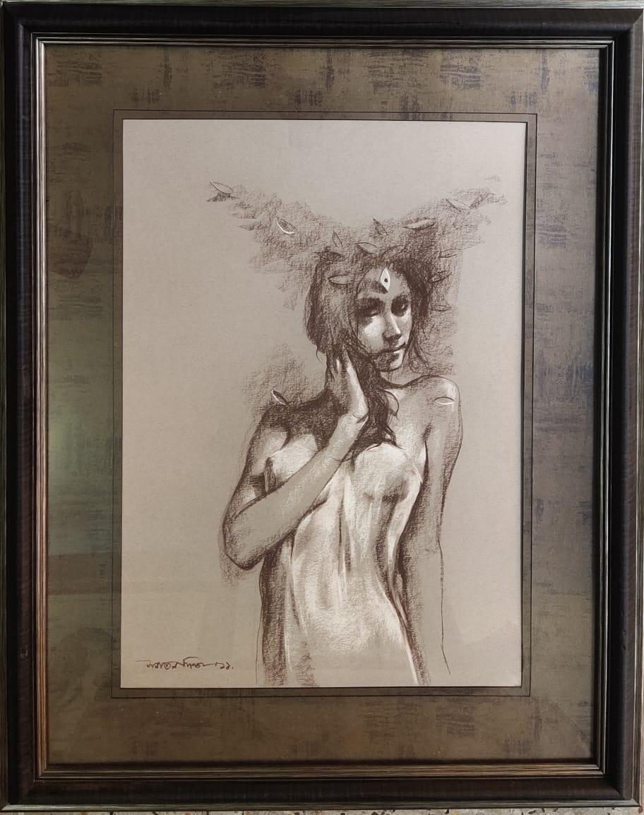 Sanatan Dinda Nude Painting - Nude Woman, Conte & Dry Pastel on Paper by Contemporary Artist "In Stock"