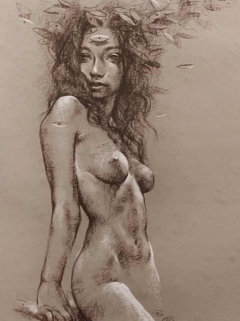 Nude Woman, Conte on Paper, Brown, Black, Contemporary Indian Artist 