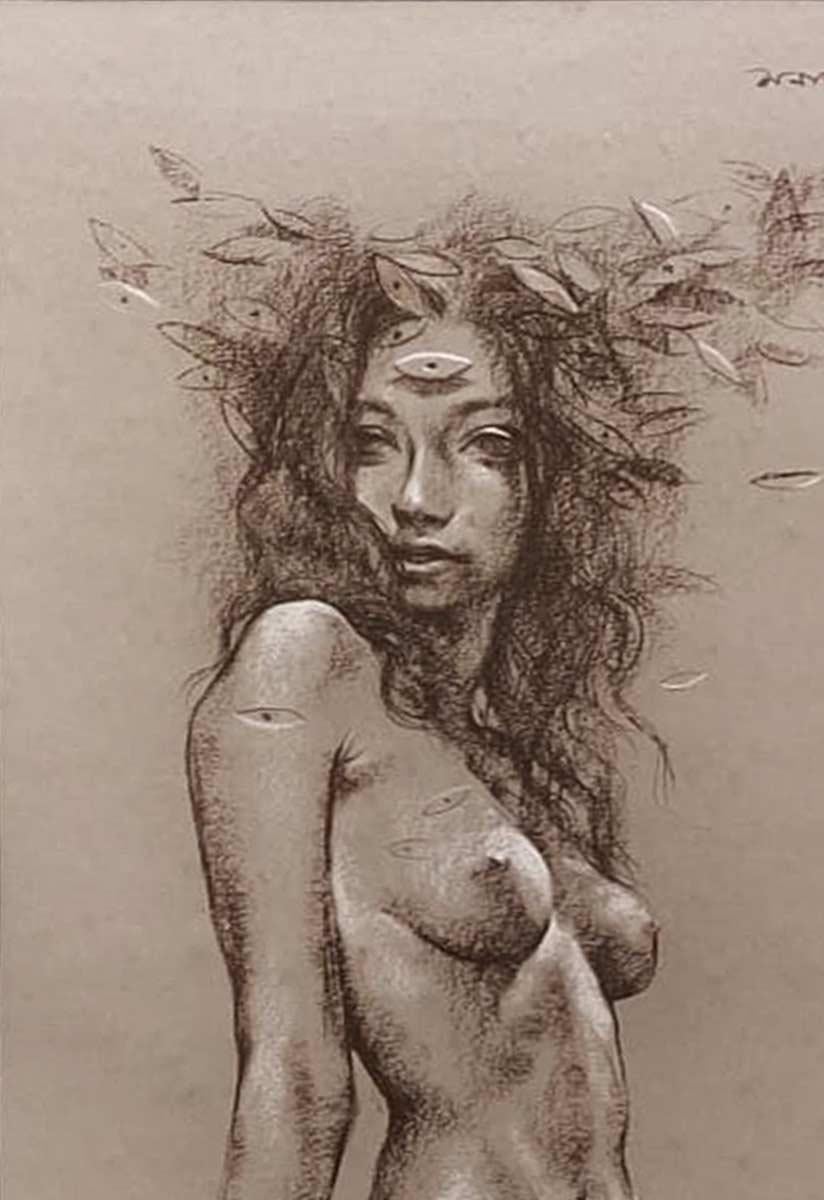Femme nue, Conte sur papier, marron, noir, artiste indienne contemporaine « en stock » - Contemporain Painting par Sanatan Dinda