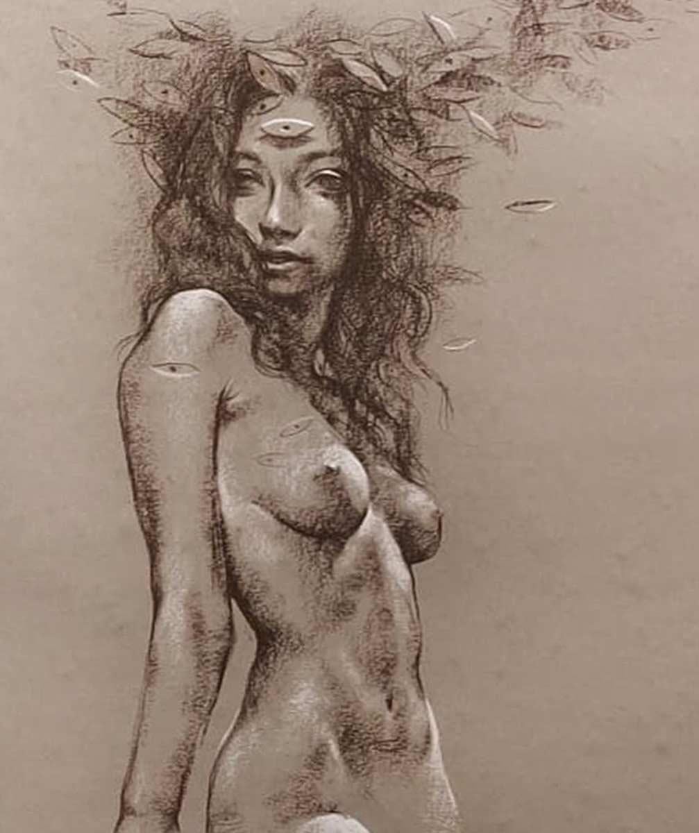 Femme nue, Conte sur papier, marron, noir, artiste indienne contemporaine « en stock » - Marron Figurative Painting par Sanatan Dinda
