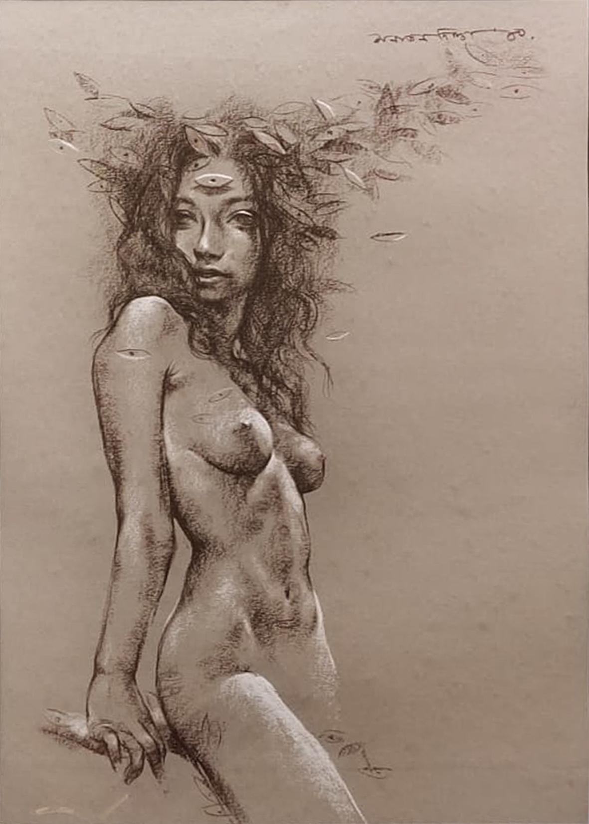 Nude Woman, Conte on Paper, Brown, Black, Contemporary Indian Artist "In Stock"