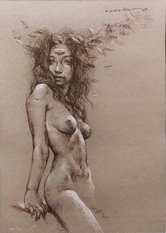 Femme nue, Conte sur papier, marron, noir, artiste indienne contemporaine « en stock »