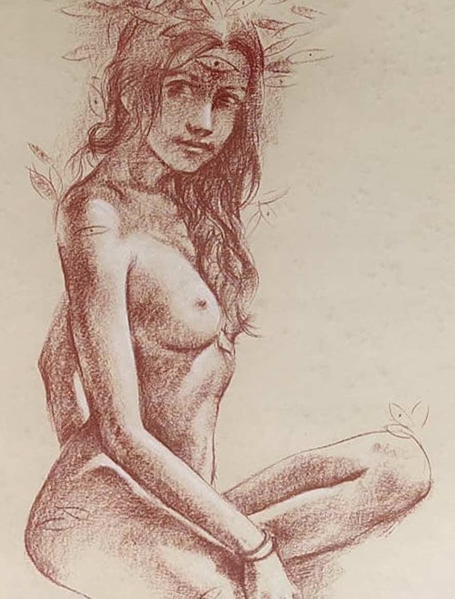 Nude Woman, Conte on Paper, Brown by Contemporary Indian Artist 