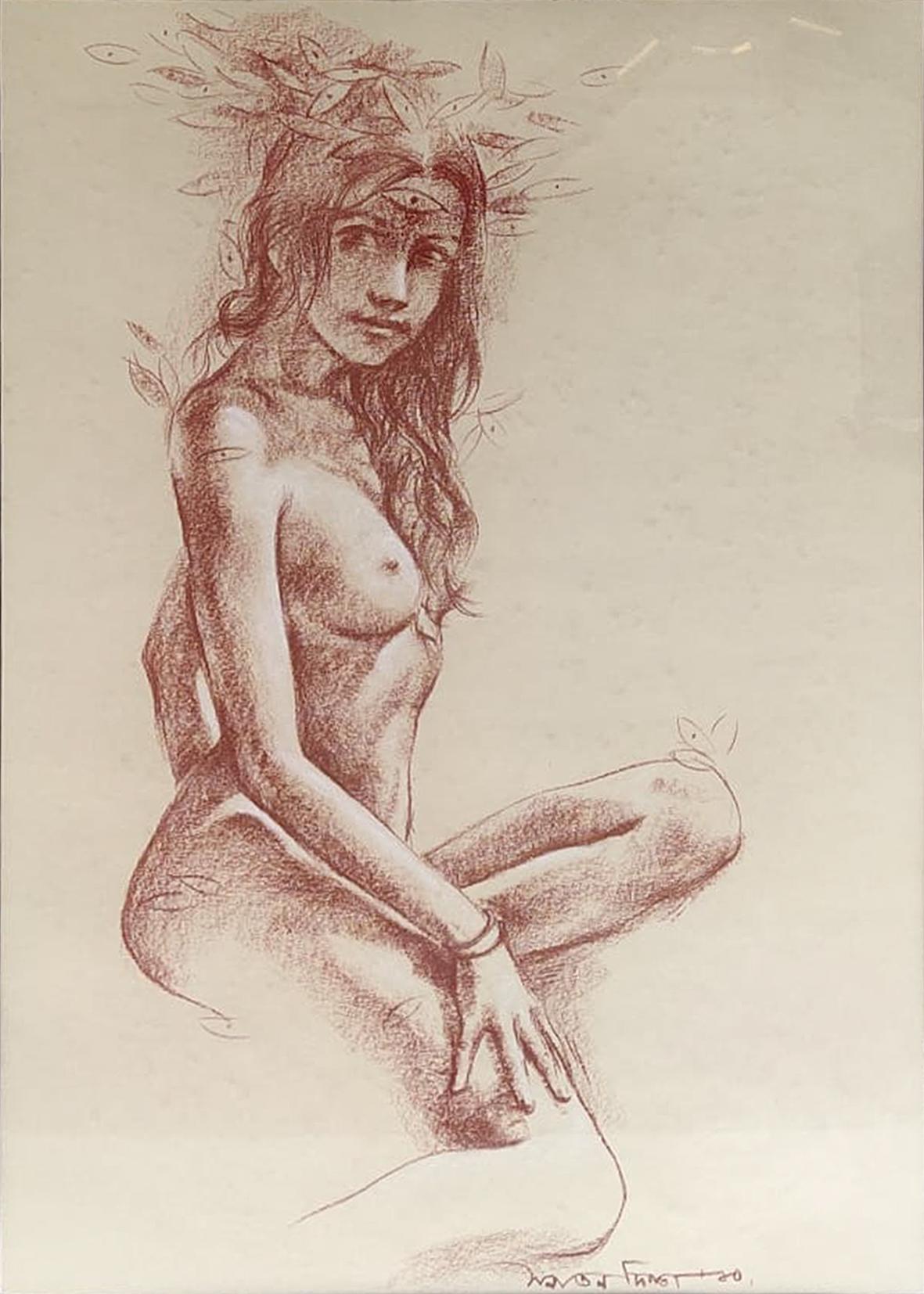 Nude Woman, Conte on Paper, Brown by Contemporary Indian Artist "In Stock"
