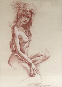 Femme nue, Conte sur papier, marron, de l'artiste indien contemporain « en stock »