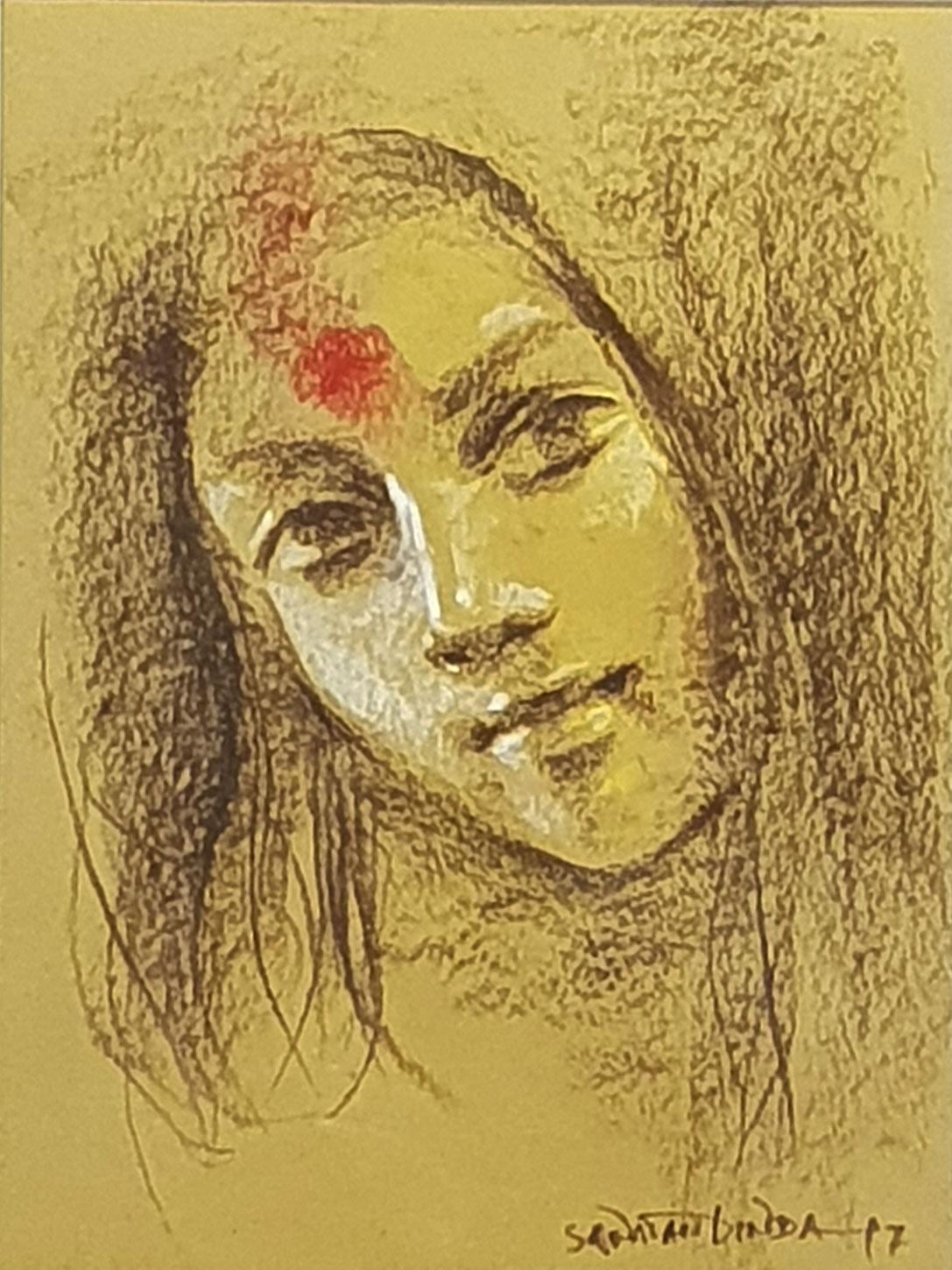 Sanatan Dinda Portrait Painting - Painting of Woman as Devi-Goddess, Third Eye, Bengal By Indian Art "In Stock"