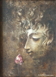 Yugpurush:: Buddha:: Acryl auf Leinwand:: Braun:: Rosa:: Zeitgenössischer Künstler:: auf Lager