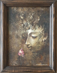Yugpurush, Buddha, Acrylic on Canvas, Brown, Pink, Contemporary Artist“In Stock”