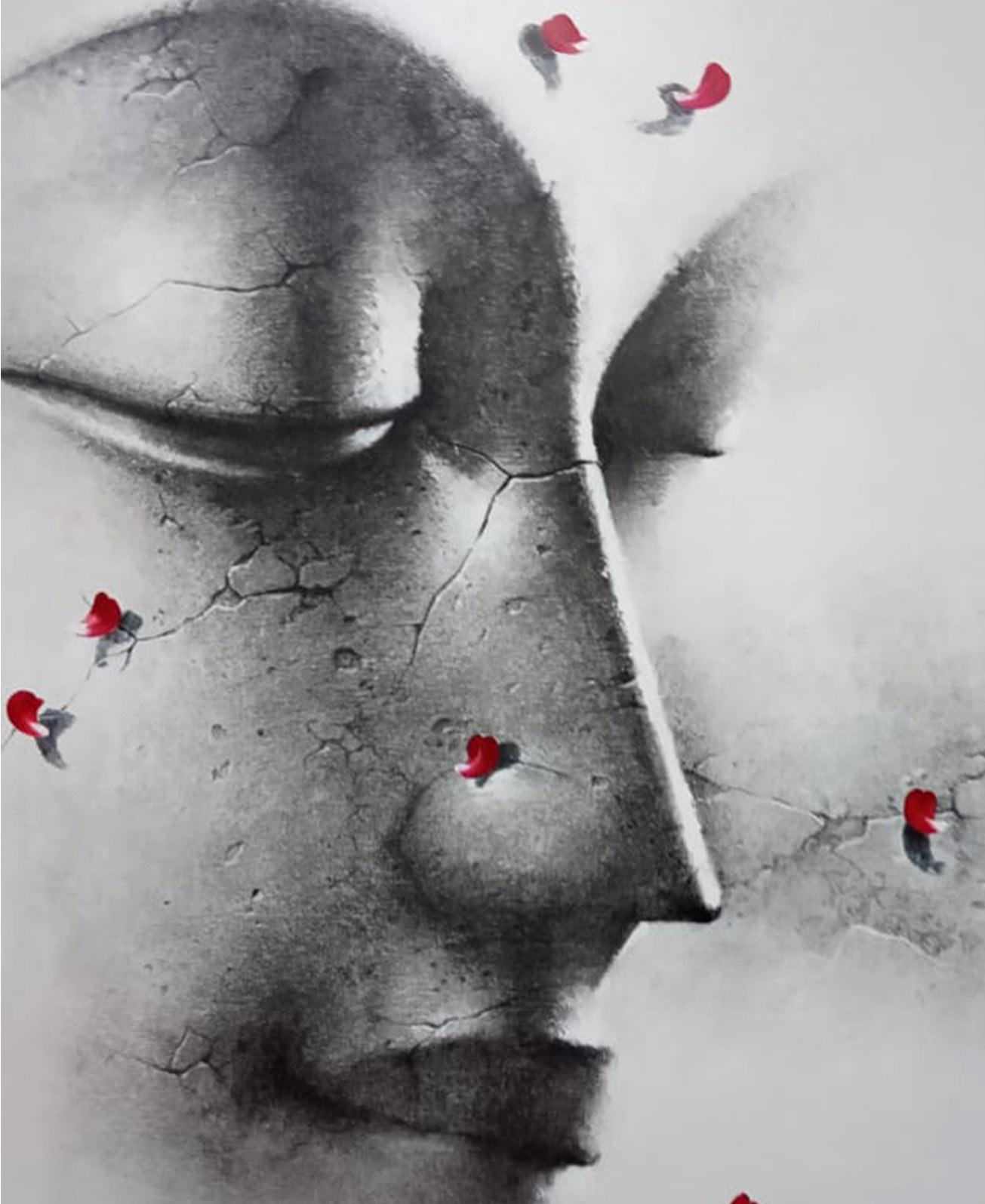 Yugpurush, Buddha, Acryl auf Leinwand, Rosa, Schwarz von indischer Künstler „In Stock“ – Art von Sanatan Dinda