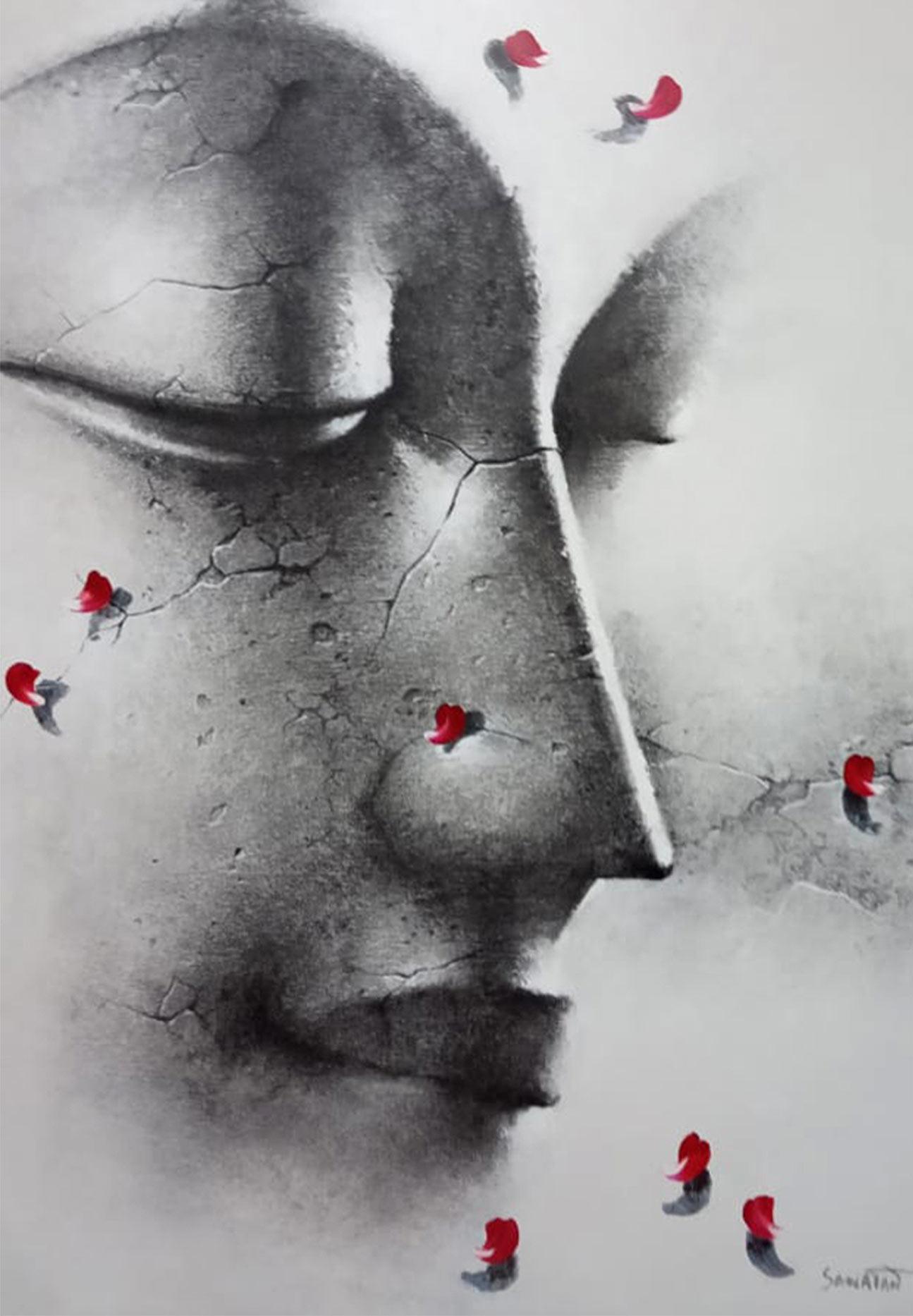 Yugpurush, Buddha, Acrilico su tela, Rosa, Nero di Artista Indiano 