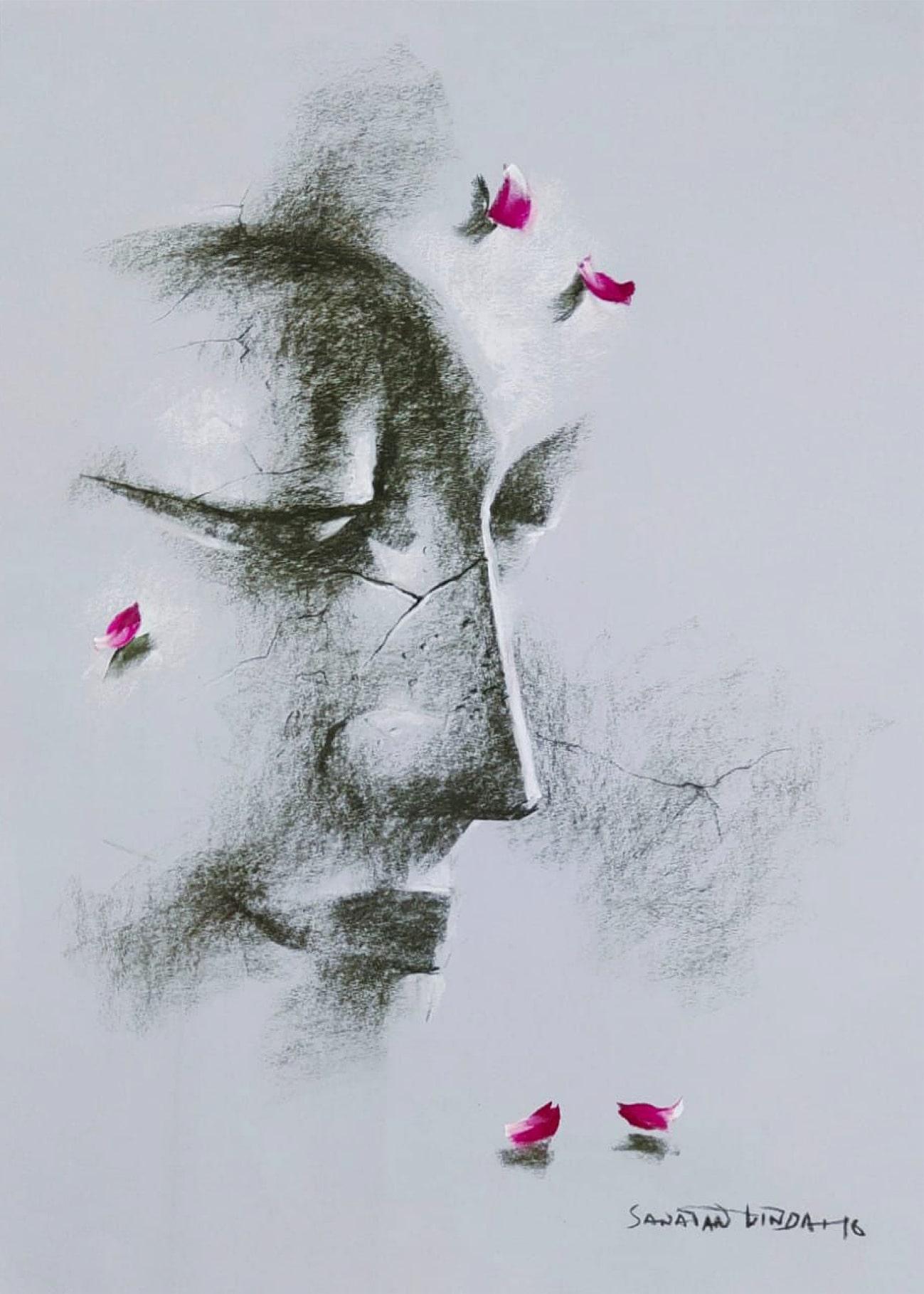 Yugpurush, Buddha, Conte & Trockenpastell auf Papier, von indischem Künstler, „Auf Lager“