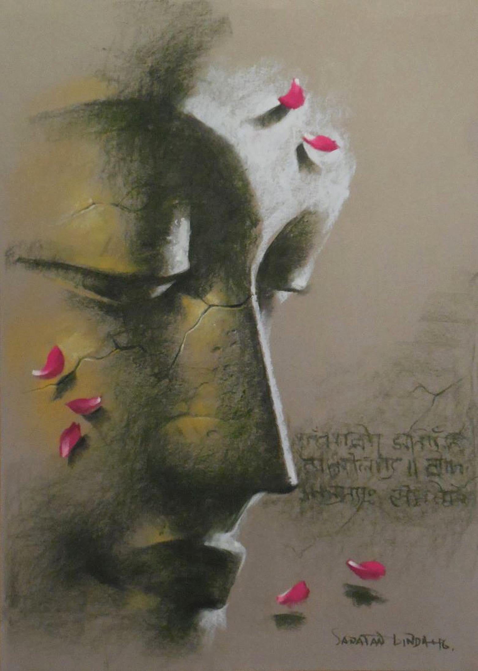 Yugpurush, Buddha, God, Pastel on Paper, Pink, Green by Indian Artist "In Stock"